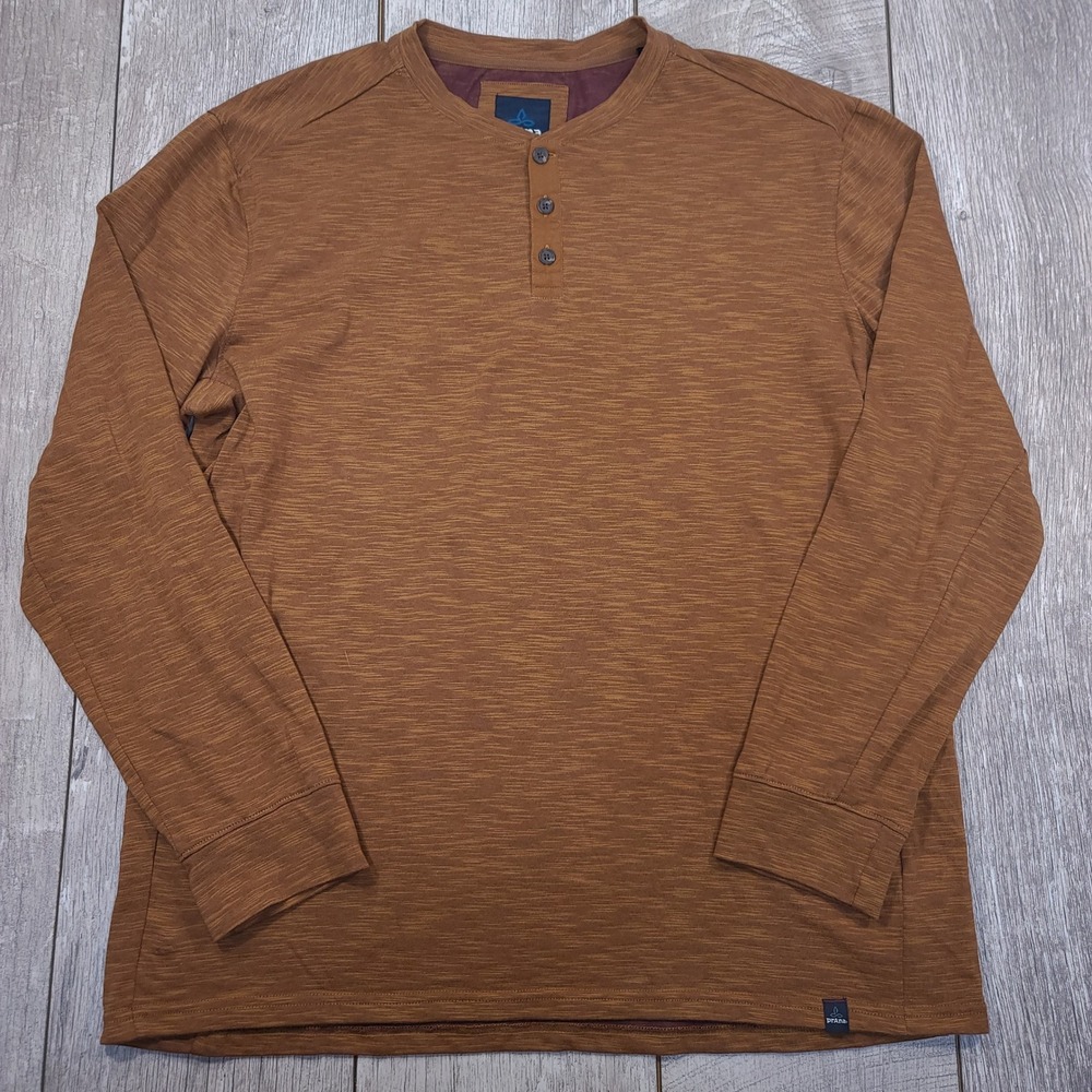 Prana Henley Shirt Mens XL Brown Space Dye Organic Cotton Long Sleeve Top